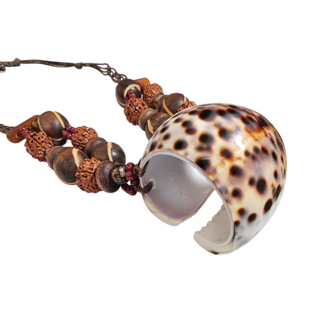 Vintage Tiger Cowrie Shell Slice Rudraksha Seed Statement Necklace Boho 21"